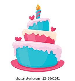 Holiday cake with burning candle and melting icing layer with romantic heart vector flat illustration. Happy birthday party sweet delicious anniversary greeting surprise treat food pastry glaze snack