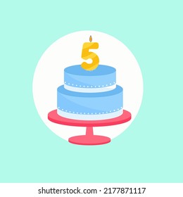 Holiday cake with a candle of age five. Vector illustration