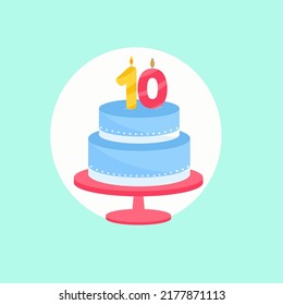 Holiday cake with a candle of age ten. Vector illustration