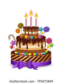 Holiday cake for children to congratulate the birthday, isolate and set of candles, candy, chocolate, caramel. Vector illustration.