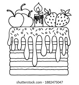 The holiday cake is covered with chocolate icing, cherry, strawberry and candle on the cake in doodle style. Coloring for children.