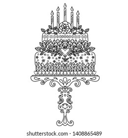 Holiday cake. Decorated candles, flowers, berries, heart. Black line, drawing isolated on a white background