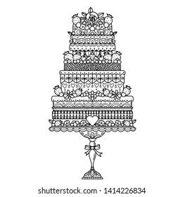 Holiday cake. Decorated flowers, fruits, berries, heart. Black line, drawing isolated on a white background