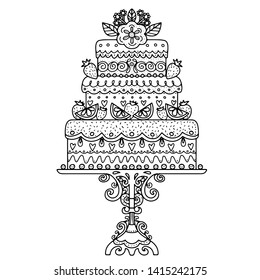 Holiday cake. Decoration flowers, fruits, berries. Black line, drawing isolated on a white background