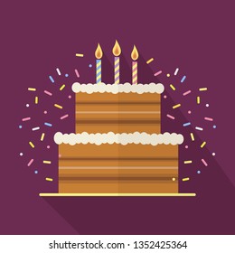 Holiday cake flat square icon design with long shadows. Birthday, anniversary banner concept