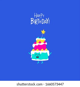 holiday cake. Happy birthday card. Use for the card, stickers, web design and print on t-shirt. Easy to edit. Vector illustration.