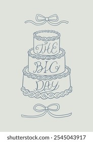 Holiday cake with lettering quote the big day and ribbons around. Vector illustration of wedding cake in vintage bow frame in sketch style. Clipart for greeting cards and invitations