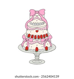 Holiday cake with pink bows, strawberries and cream. Vector doodle hand drawn illustration of girly birthday cake on a stand