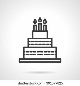 Holiday cake with three candles. Happy birthday symbol. Celebrations desserts. Black line style single vector icon. Element for web design, business, mobile app. 