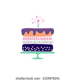 Holiday cake vector illustration. Hand drawn style colorful anniversary cake clipart on white.