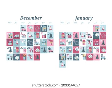 holiday calendar for december and january. winter illustration in flat style