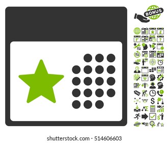 Holiday Calendar icon with bonus calendar and time management images. Vector illustration style is flat iconic bicolor symbols, eco green and gray colors, white background.