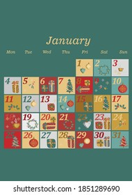 holiday calendar for january. winter illustration in flat style
