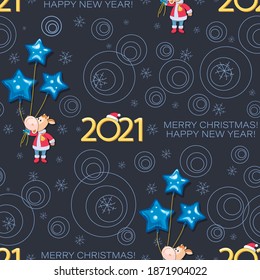 Holiday Calf 2021. Bull. Santa Claus. New Year, Merry Christmas. Cute little calf with balloons.