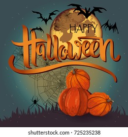 Holiday calligraphy with moon, spider, spiderweb, bats and pumpkins on blue background for banner, poster, greeting card, party invitation.
