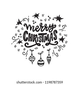 Holiday calligraphy phrase Merry Christmas. Modern lettering for cards, posters, t-shirts, etc. with handdrawn doodle elements. Vector illustration.