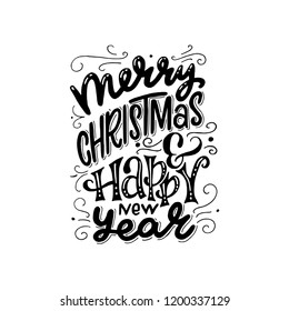 Holiday calligraphy phrase Merry Christmas And Happy New Year. Modern lettering for cards, posters, t-shirts, etc. with handdrawn doodle elements. Vector illustration.