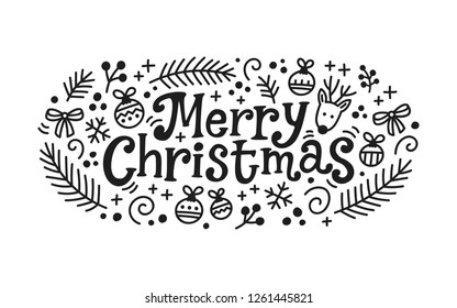 Holiday calligraphy phrase Merry Christmas. Modern lettering for greeting cards, posters, banners, t-shirts, web sites with handdrawn elements.
