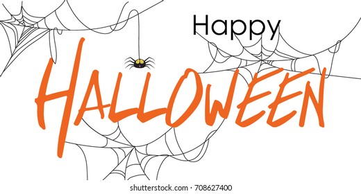 Holiday calligraphy with spider and web for banner, poster, greeting card, party invitation. Happy Halloween concept,  vector lettering illustration.