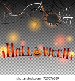 Holiday calligraphy with spider and web and pumpkin for banner, poster, greeting card, party invitation.