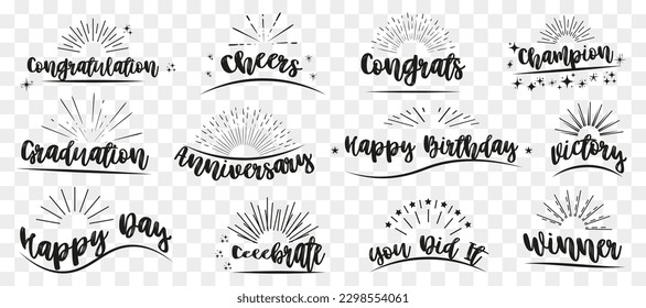 Holiday calligraphy text inscription collection. Congratulation, cheers, congrats, champion, anniversary, celebration