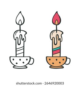 Holiday candle icon set. Outline black marker ink contour, cute colored doodle sketch style, hand drawn blob stroke line. Festive banting party graphic web design. Vector illustration