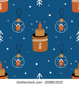 Holiday candle and ornament. Christmas seamless pattern. Vector illustration. 