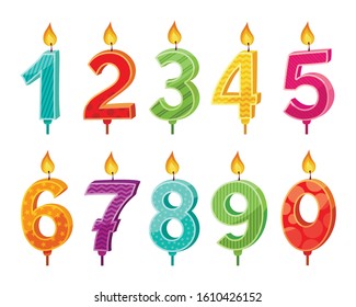 Holiday candles, Birthday cake decorative elements flat vector illustration. Festive decor, color figures with fire. Colorful 3d numbers, burning Bday candles isolated on white background