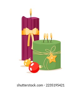 Holiday Candles with christmas tree toys isolated vector on white background. Christmas design. Cute Winter holiday illustration