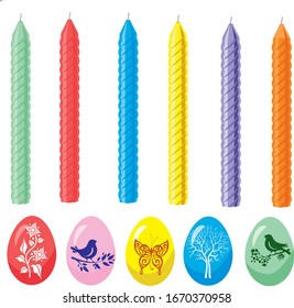 Holiday candles and painted eggs for traditional holidays on a white background, vector