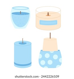 Holiday candles set. Handmade aromatic candlelight isolated in white background. Hygge time. Aromatherapy and relaxation home decor. Vector flat illustration.