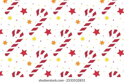 Holiday candy cane pattern with bright stars on a white background, for holiday decorations, gift wrap, digital designs.