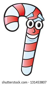 A holiday candy cane with a smiling cartoon face.