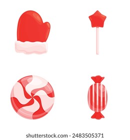 Holiday candy icons set cartoon vector. Red christmas striped lollipop. Dessert, sweet food