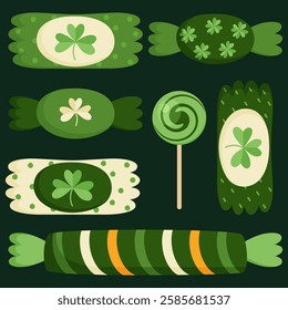 Holiday candy set for st. patrick's day. Vector illustration on green background. Suitable for stickers, postcards, posters, flyers.