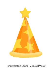 Holiday cap concept. Colorful element of clothing for festival. Orange hat with stars for party. Poster or banner for website. Cartoon flat vector illustration isolated on white background