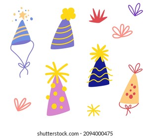 Holiday caps set. Cartoon birthday hat cap for celebration party. Perfect for anniversary, party surprise, special date, having fun topics. Hand draw vector illustration.