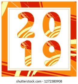 Holiday card 2019 colorful inscription with decorative frame border. Abstract brush stroke texture . Freehand digital modern painting. Hand drawn design for for new year celebration. Isolated on white