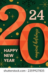 Holiday card with 2024 year. Retro style poster. Happy New Year and wish you a happy holiday weekend.