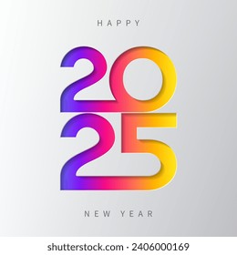 Holiday card for 2025 New Year. Vector illustration with colorful numbers 2025 with trendy gradient. New Year holiday symbol template on gray background for decoration poster, celebration, cover, ad.