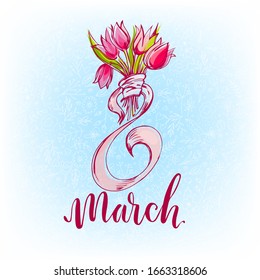 Holiday card 8 March, International women day, beautiful tulip bouquet