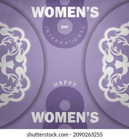 Holiday card 8 march international women's day in purple color with abstract white ornament
