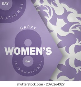 Holiday card 8 march international women's day in purple color with luxury white ornaments