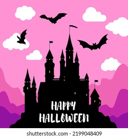 Holiday card with amazing view of castle, bats in sky and text Happy Halloween. Dark gothic picture made up of medieval chateau and bats under pink cloudy sky after sunset as postcard or poster.