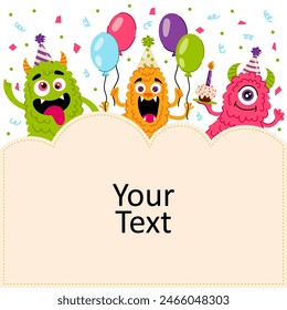 Holiday card, background, poster with cute monsters. Cartoon monsters on a festive background in a flat style. Birthday. Kids holiday characters. Place for an inscription.