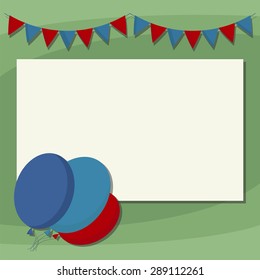 Holiday card with balloons and flags. Holiday card with space for text. Simple flat vector.