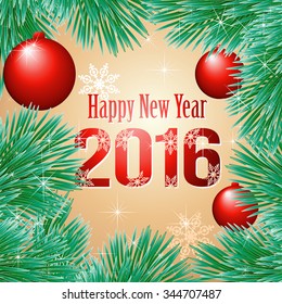 Holiday card with balls and Christmas tree. Vector illustration