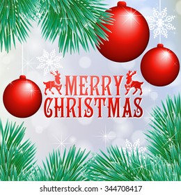 Holiday card with balls and Christmas tree. Vector illustration