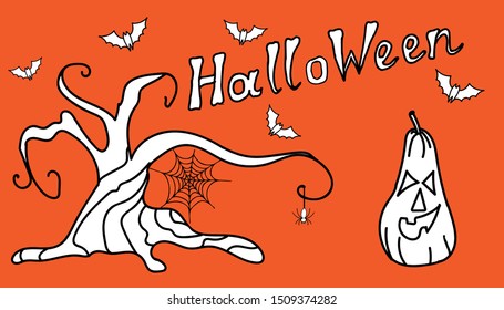 Holiday card, banner: pumpkin, tree, flying cobweb and hand-drawn text, sketch, cartoon. Suitable for invitations and greetings, digital paper clippings, page fill