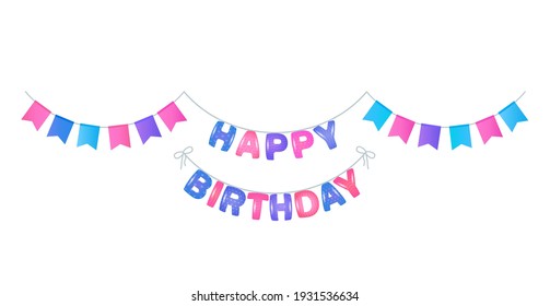 tarjeta de vacaciones o plantilla de banner. feliz cumpleaños lindo con letras 3d y una guirnalda de banderas. ilustración vectorial aislada en fondo blanco